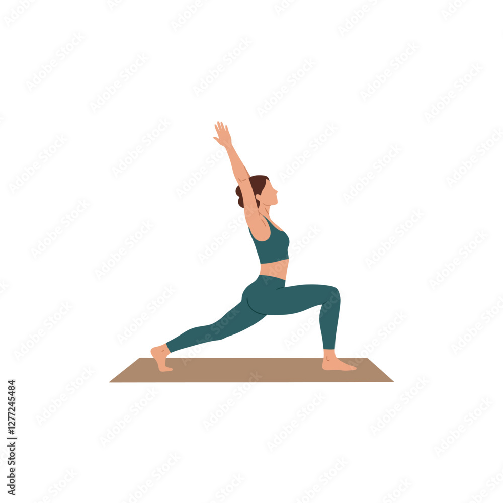 Woman Practicing Yoga Warrior Pose on Mat for Wellness and Fitness Woman Practicing Yoga Warrior Pose on Mat for Wellness and Fitness