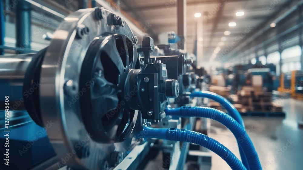 Fototapeta premium Modern high-pressure pump with connected blue hoses in a well-lit warehouse.