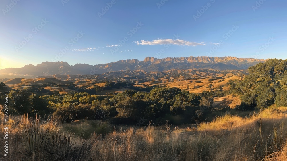 Fototapeta premium Breathtaking Panoramic View of Rolling Hills and Majestic Mountains Under a Clear Blue Sky at Sunrise
