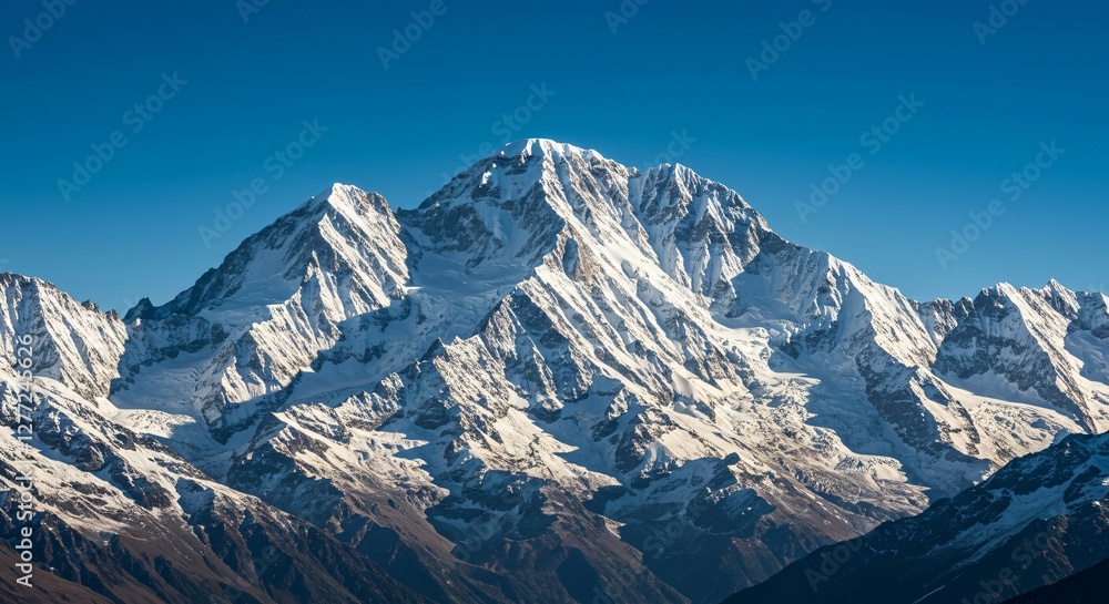 Majestic mountain range with snow-capped peaks and clear blue sky Majestic mountain range with snow-capped peaks and clear blue sky