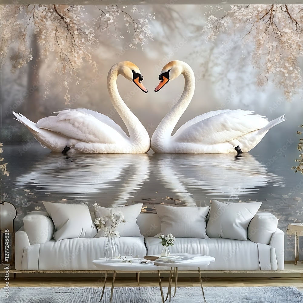 Obraz premium Majestic swan pair floating gracefully high resolution wallpaper