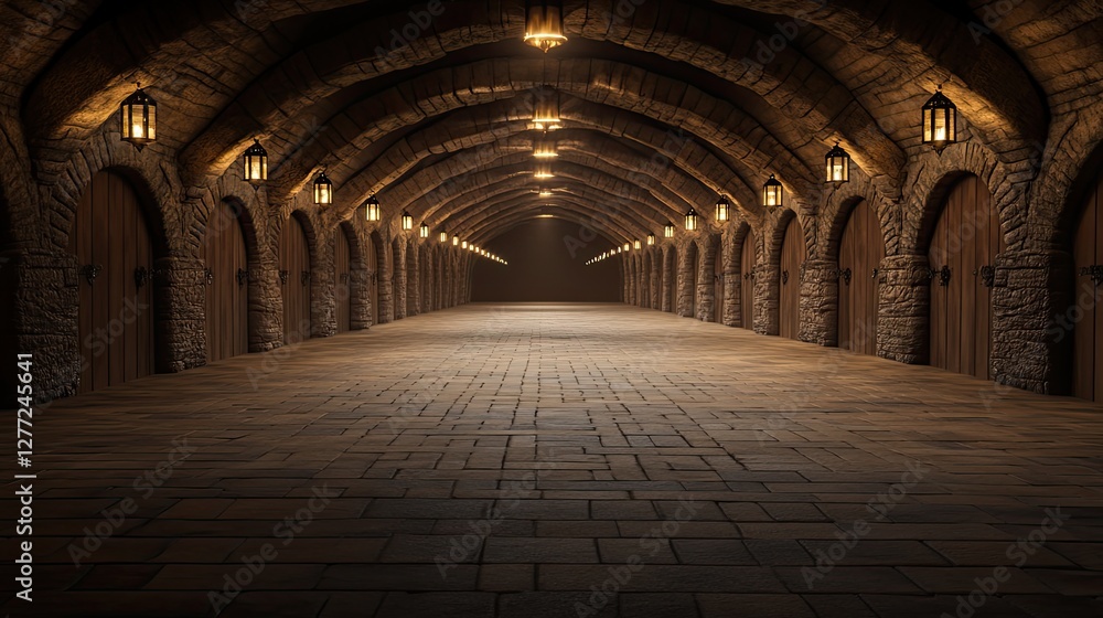 Fototapeta premium Long stone tunnel with lamps. Could be used for a historical, storage, or secret passage theme
