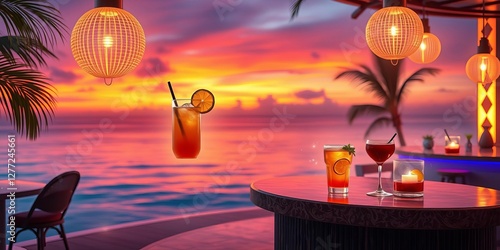 A futuristic beachside lounge with holographic tropical drinks floating in mid air, digital menu display, ingredients rotating, exotic techy vibe, lounge, drinks, digital menu photo