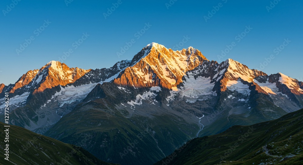 Fototapeta premium Majestic mountain range with snow-capped peaks and clear blue sky