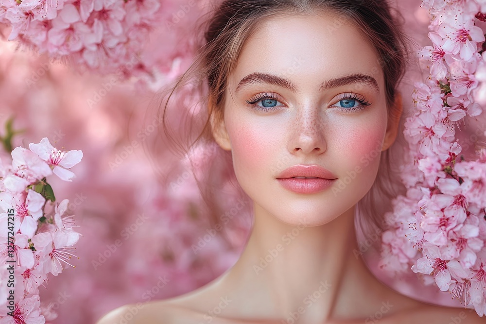 Beauty in bloom with cherry blossoms and soft pink petals surrounding a serene expression Beauty in bloom with cherry blossoms and soft pink petals surrounding a serene expression