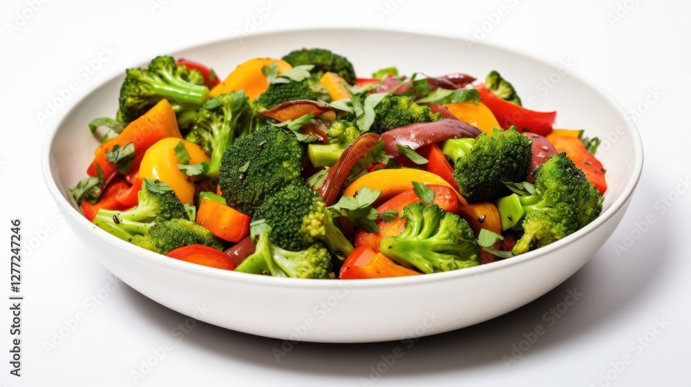Vibrant Vegetable Stir Fry Close Up with Fresh Broccoli, Peppers, and Herbs in a Bowl Vibrant Vegetable Stir Fry Close Up with Fresh Broccoli, Peppers, and Herbs in a Bowl