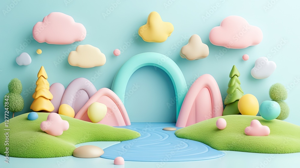 Whimsical landscape with pastel mountains, river and trees. Ideal for children's book Whimsical landscape with pastel mountains, river and trees. Ideal for children's book