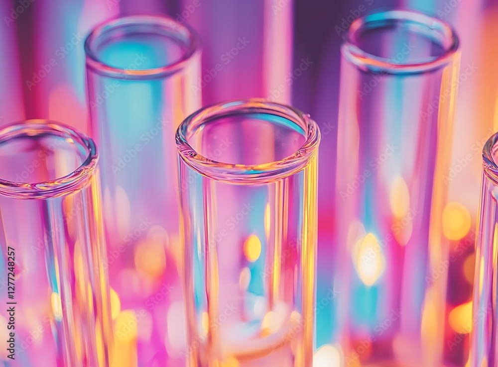 A close-up of test tubes filled with clear liquid, illuminated by vibrant light and set against an abstract background A close-up of test tubes filled with clear liquid, illuminated by vibrant light and set against an abstract background