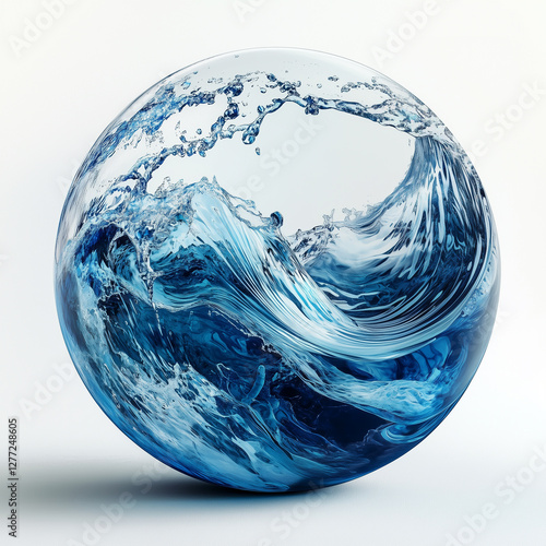 Blue water waves in round motion in a transparent sphere isolated. Dynamic water swirl with foamy waves in circle.