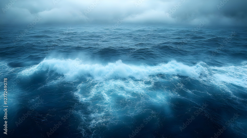 Fototapeta premium Dramatic Ocean Wave Crashing Under Dark Cloudy Sky In Blue Color Palette Natural Light