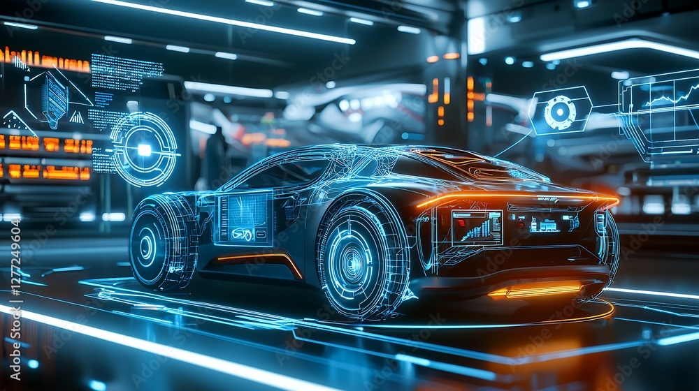 Futuristic Car with Neon Lights and Cyberpunk Elements in a High Tech Environment Futuristic Car with Neon Lights and Cyberpunk Elements in a High Tech Environment