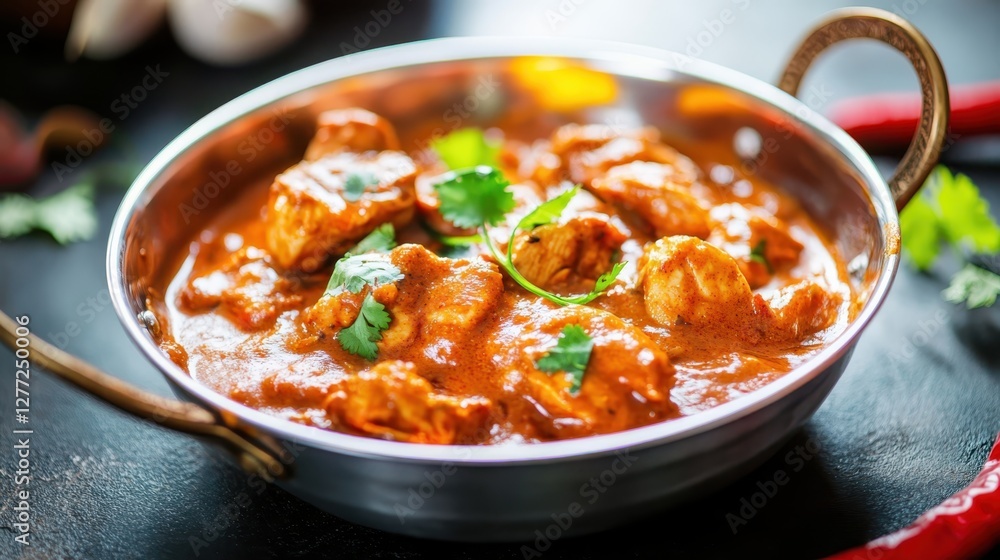 A rich and creamy Indian butter chicken curry served in a traditional balti dish, featuring tender chicken pieces cooked in a spiced tomato-based sauce.
A rich and creamy Indian butter chicken curry served in a traditional balti dish, featuring tender chicken pieces cooked in a spiced tomato-based sauce.
