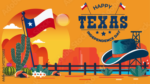 Happy Texas  Independence Day, celebration illustration of Texas landscapes with a waving Texas flag, cowboy hat, and oil rig at sunset. Perfect for Texas Independence Day promotions design