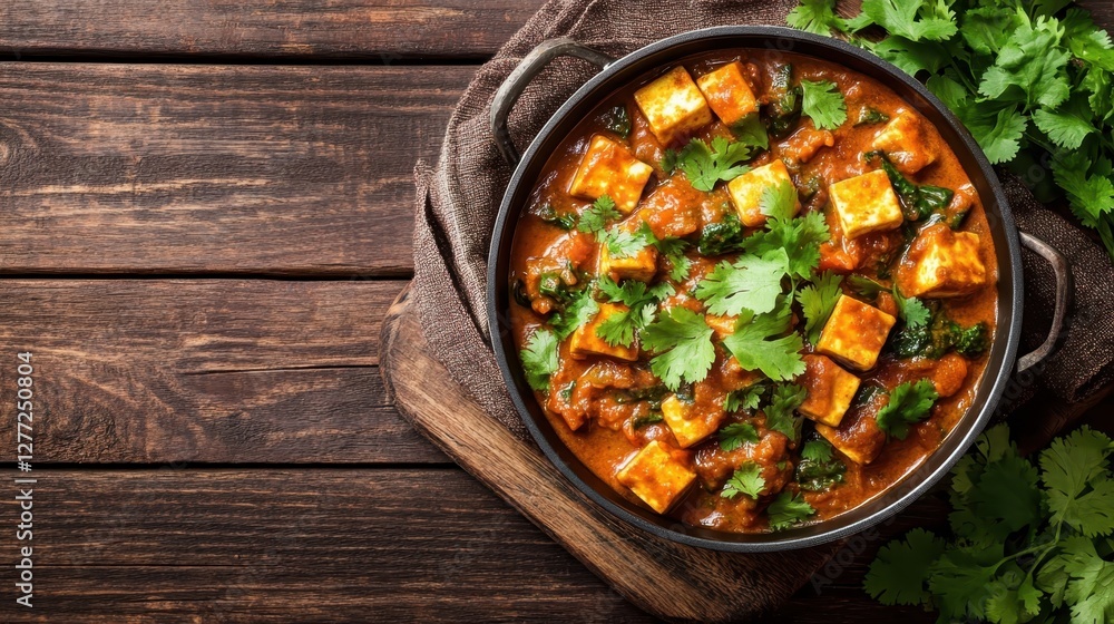 Saag Paneer curry in balti dish with cilantro garnish
Saag Paneer curry in balti dish with cilantro garnish