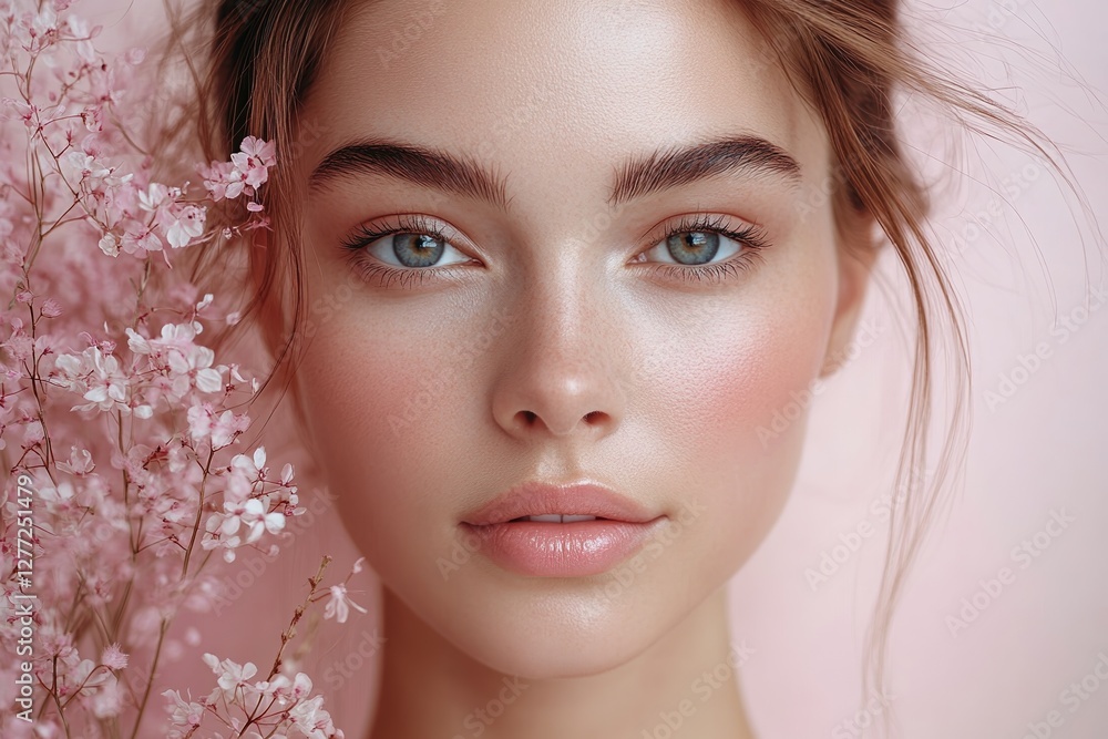 Promotional flyer design showcasing a model with fresh makeup surrounded by pink flowers