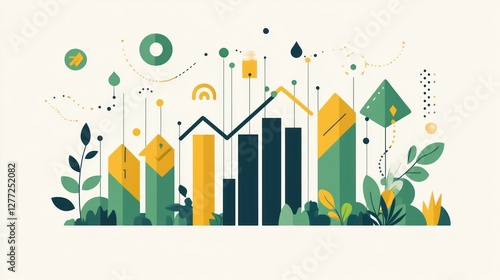 Abstract illustration of upward trending bar graph with nature elements, symbolizing growth and sustainability.