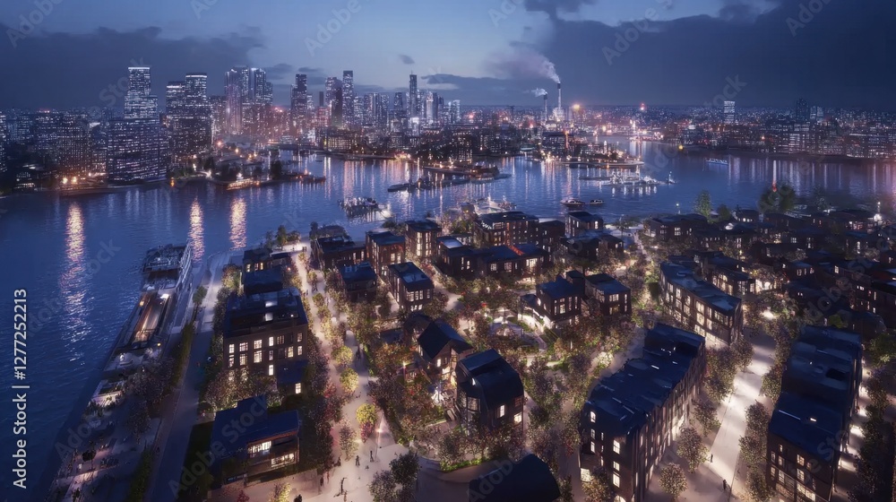 Naklejka premium A digital twin simulation of a smart city with real-time data overlays.