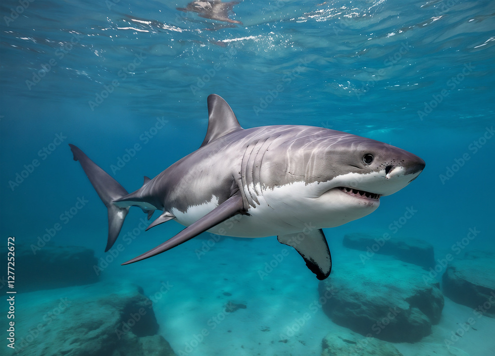 Naklejka premium This is a horizontal underwater shot of a Great White Shark swimming just below the surface
