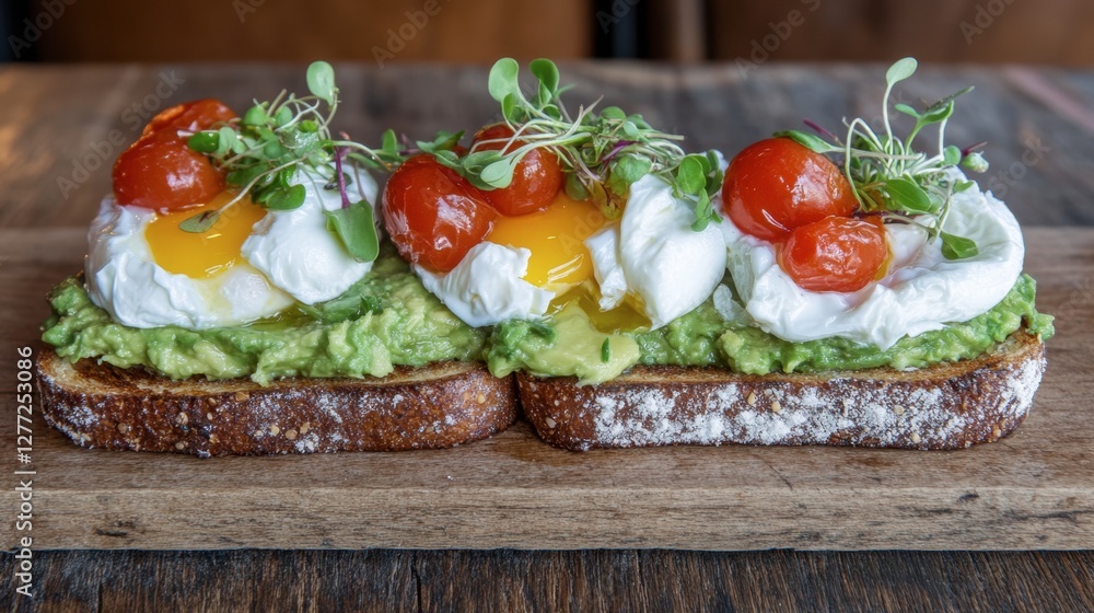 A healthy avocado toast topped with poached eggs, cherry tomatoes, and microgreens, set against a rustic wooden backdrop. A healthy avocado toast topped with poached eggs, cherry tomatoes, and microgreens, set against a rustic wooden backdrop.