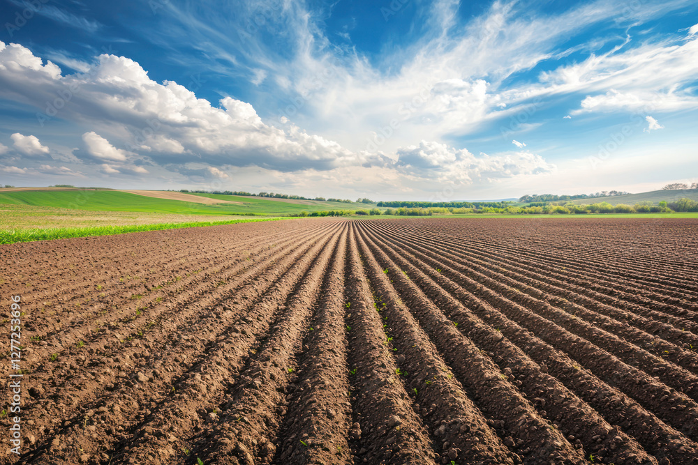 An Empty farmland ready to be cultivated for food season, showcasing rich soil and vibrant sky An Empty farmland ready to be cultivated for food season, showcasing rich soil and vibrant sky