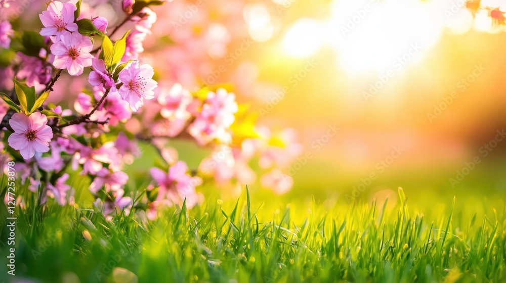 Pink cherry tree blossom flowers blooming in a green grass meadow Pink cherry tree blossom flowers blooming in a green grass meadow