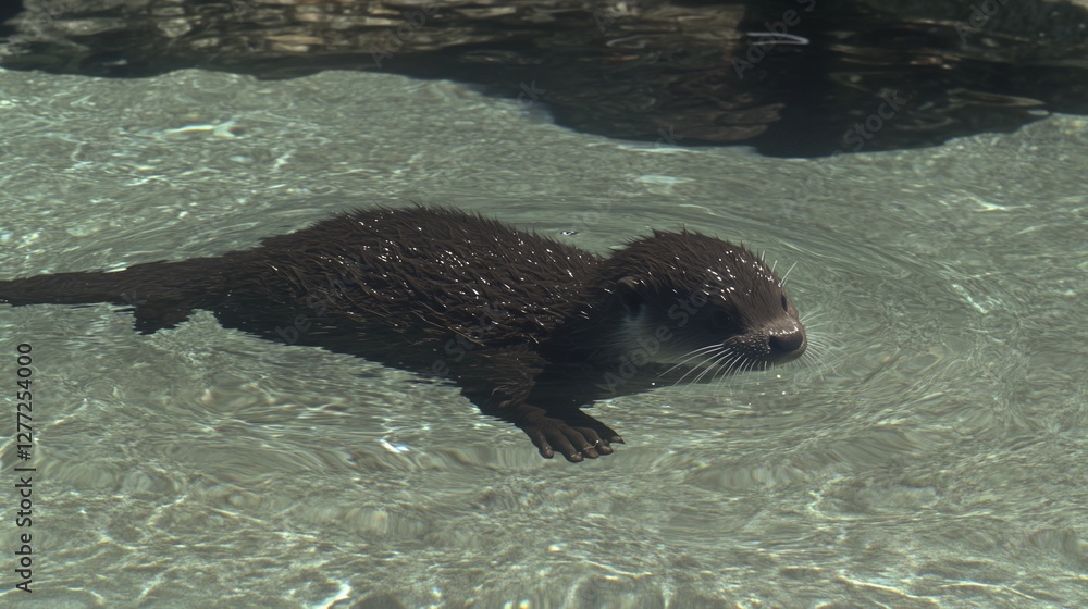 Obraz premium Otter pup swims enclosure, sunny day, zoo background