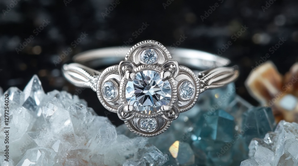 Obraz premium A luxury diamond ring with a vintage-inspired design, placed next to a sparkling crystal.