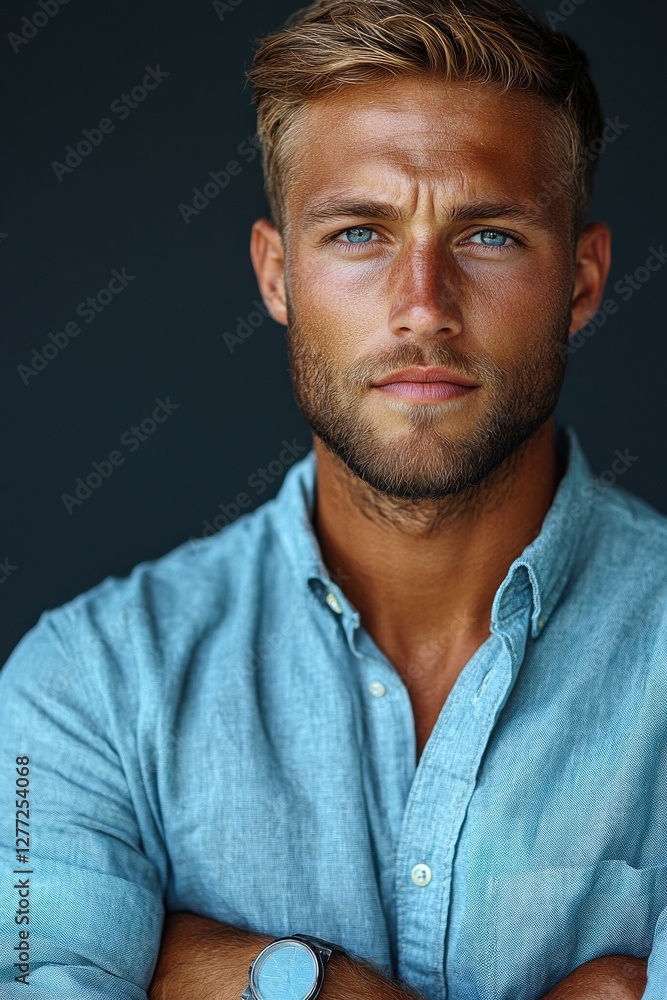 Obraz premium Young man with striking blue eyes poses confidently in a casual blue shirt against a dark backdrop