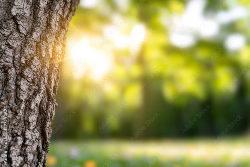 Fototapeta premium Tree trunk in sunlit meadow with blurred background
