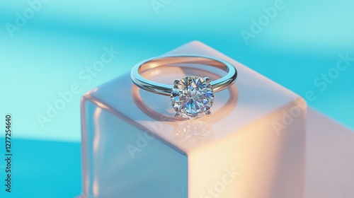 A modern diamond ring resting on an acrylic cube, giving it a floating effect.