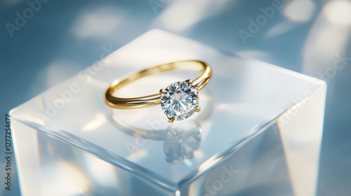 A modern diamond ring resting on an acrylic cube, giving it a floating effect.