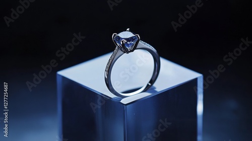 A modern diamond ring resting on an acrylic cube, giving it a floating effect.