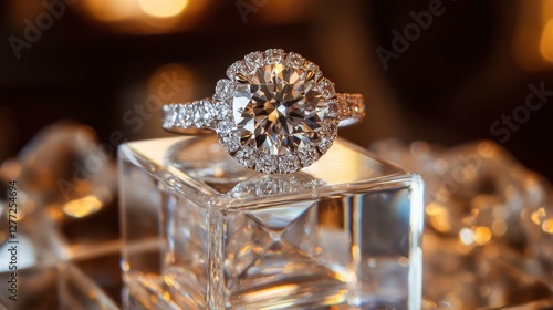 A modern diamond ring resting on an acrylic cube, giving it a floating effect.