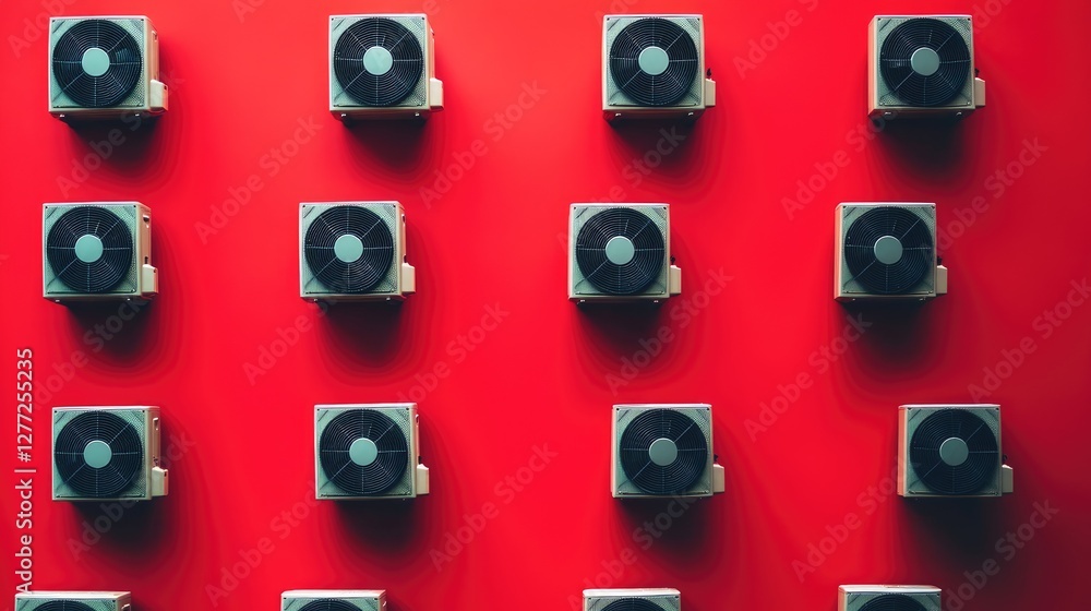 Obraz premium Ultra-energy efficient AC unit with an innovative heat pump, arranged on a bright tomato red background, top-down shot.