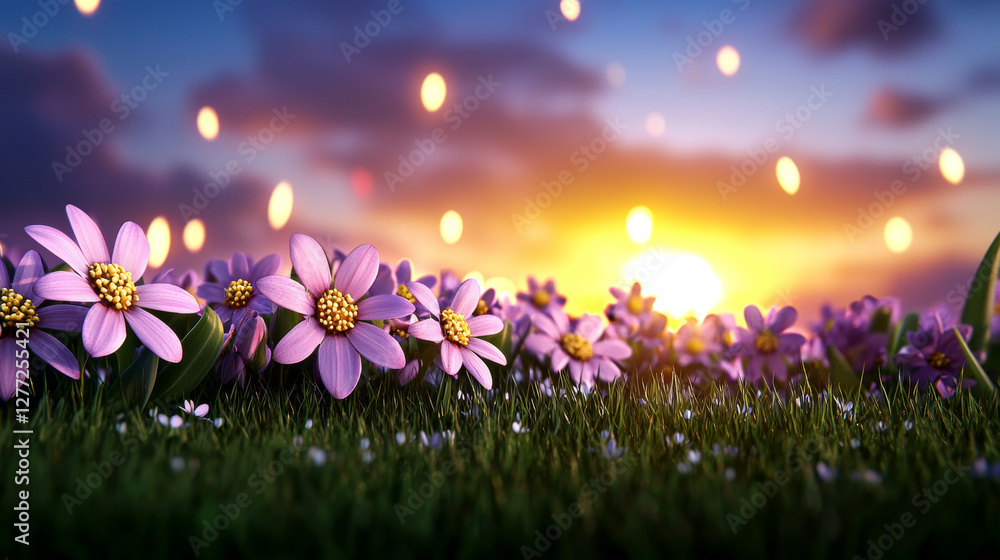 Fototapeta premium wildflower meadow under glowing sunset sky with vibrant colors