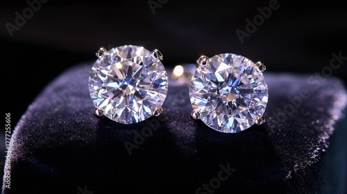 A pair of diamond stud earrings placed on a black velvet cushion, highlighting their brilliance and clarity.