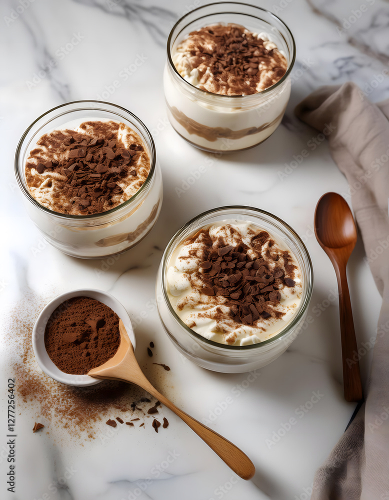 Three tiramisu desserts in glass bowls, with cocoa powder and wooden spoons on a marble surface Three tiramisu desserts in glass bowls, with cocoa powder and wooden spoons on a marble surface