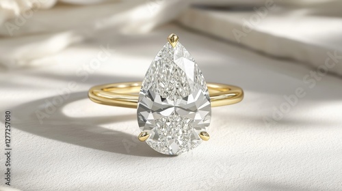 A pear-shaped diamond ring on a textured white background, enhancing its clarity.