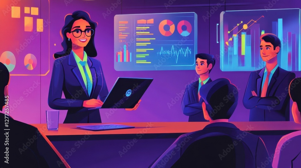 A professional Indian businesswoman using a laptop to display key business data while her team listens in an office conference room. A professional Indian businesswoman using a laptop to display key business data while her team listens in an office conference room.