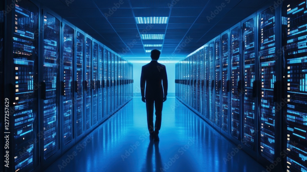 Data center worker walking, server room, night Data center worker walking, server room, night