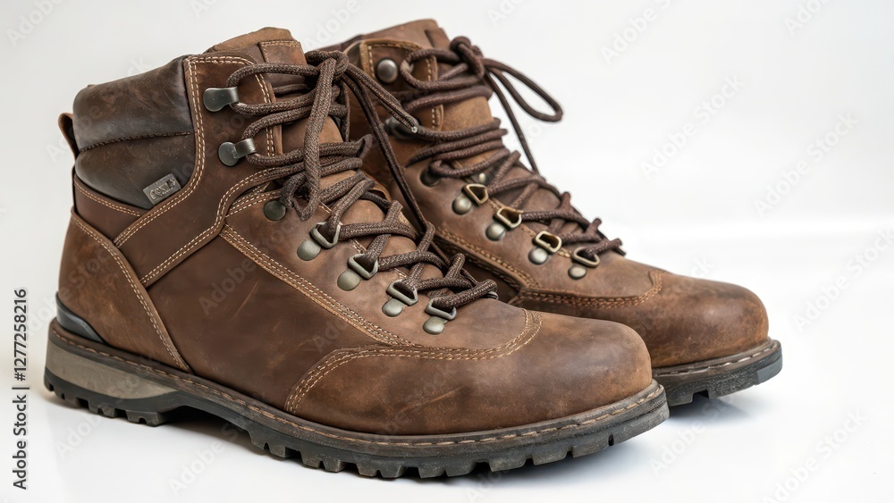 Brown Leather Hiking Boots on White Background Brown Leather Hiking Boots on White Background