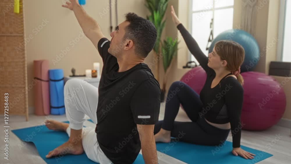 Man and woman practicing yoga in gym with mats and exercise balls, embodying health, fitness, balance, and relaxation in a serene indoor setting. Man and woman practicing yoga in gym with mats and exercise balls, embodying health, fitness, balance, and relaxation in a serene indoor setting.