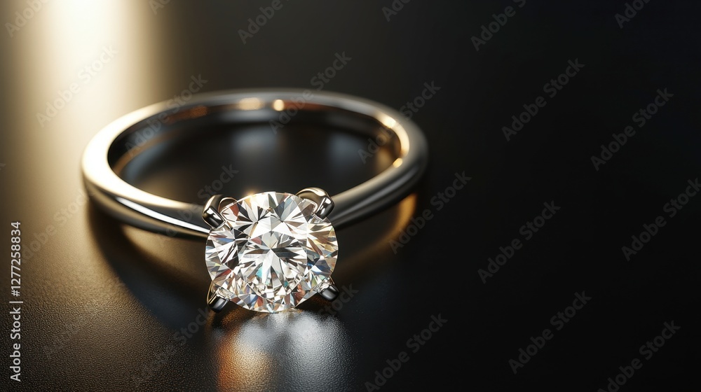 A single diamond ring perfectly positioned under a spotlight, enhancing its brilliance. A single diamond ring perfectly positioned under a spotlight, enhancing its brilliance.