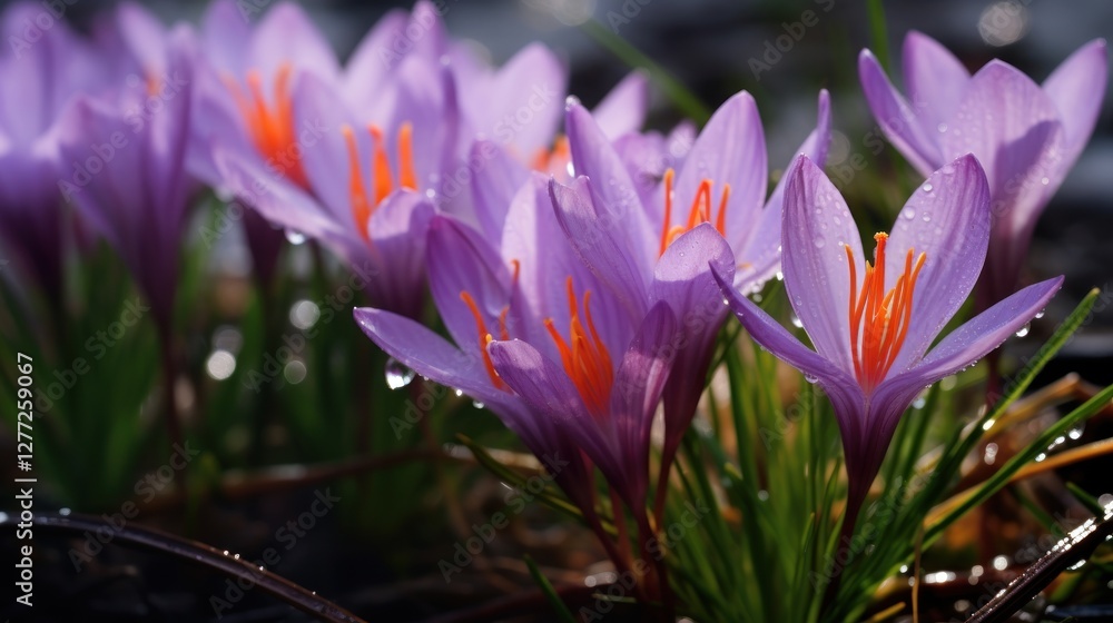 Fototapeta premium Fresh morning dew clinging to vibrant purple crocus flowers in bloom