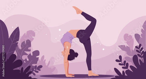 Woman Doing Yoga Pose on Mat with Purple Nature Background