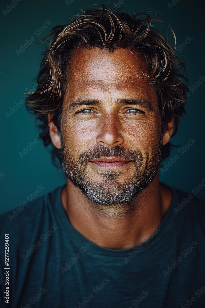 Man with tousled hair and a confident smile posed against a deep green background Man with tousled hair and a confident smile posed against a deep green background