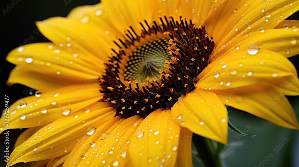 Radiant sunflower bathed in morning dew showcasing intricate textures