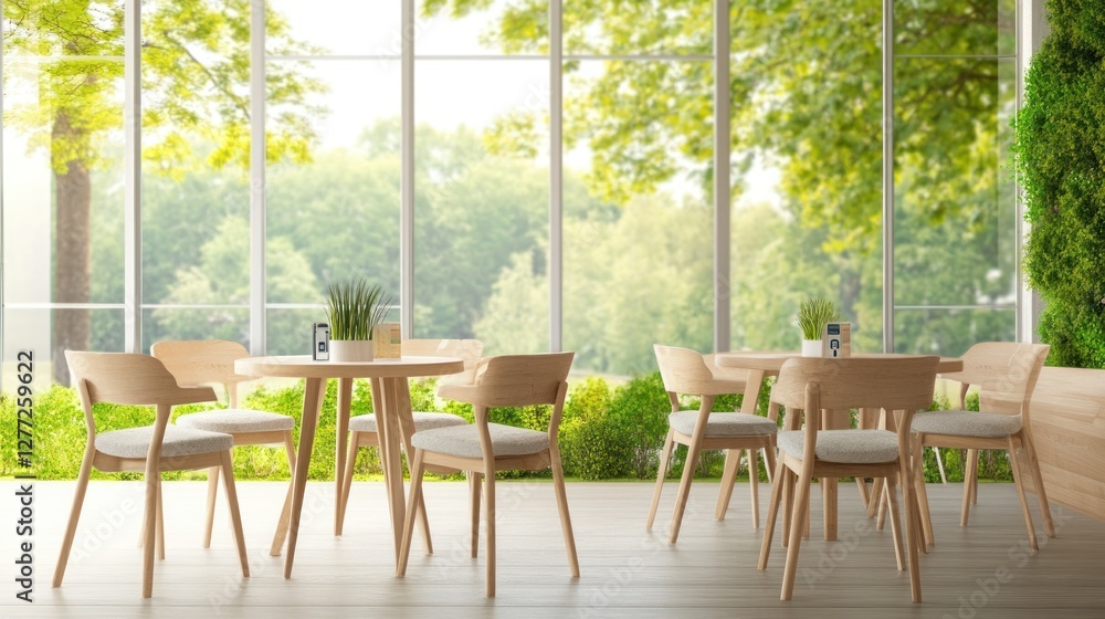 Obraz premium Cafe interior, sunny park view, relaxing