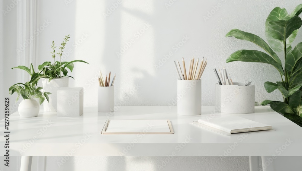 Fototapeta premium White workspace with tablet, pencils, and plants; sunlit interior
