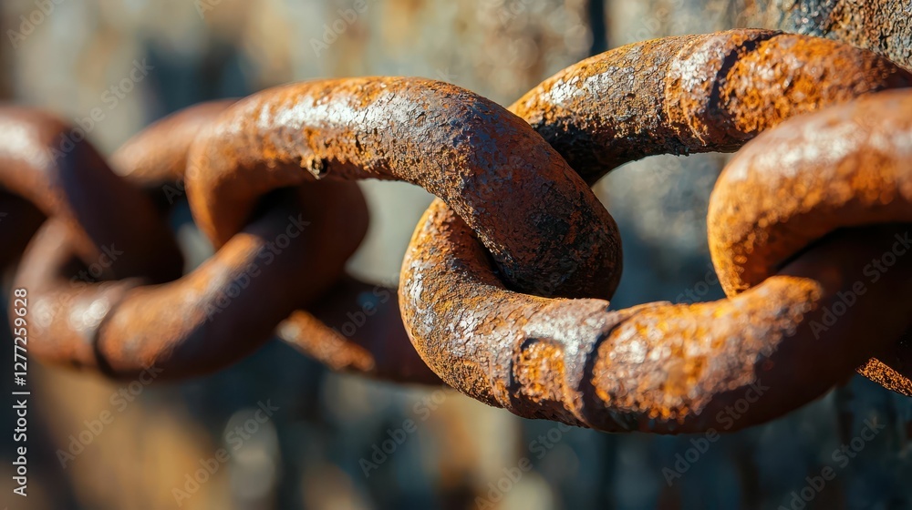 Rusty chain link close-up on weathered background showcasing decay